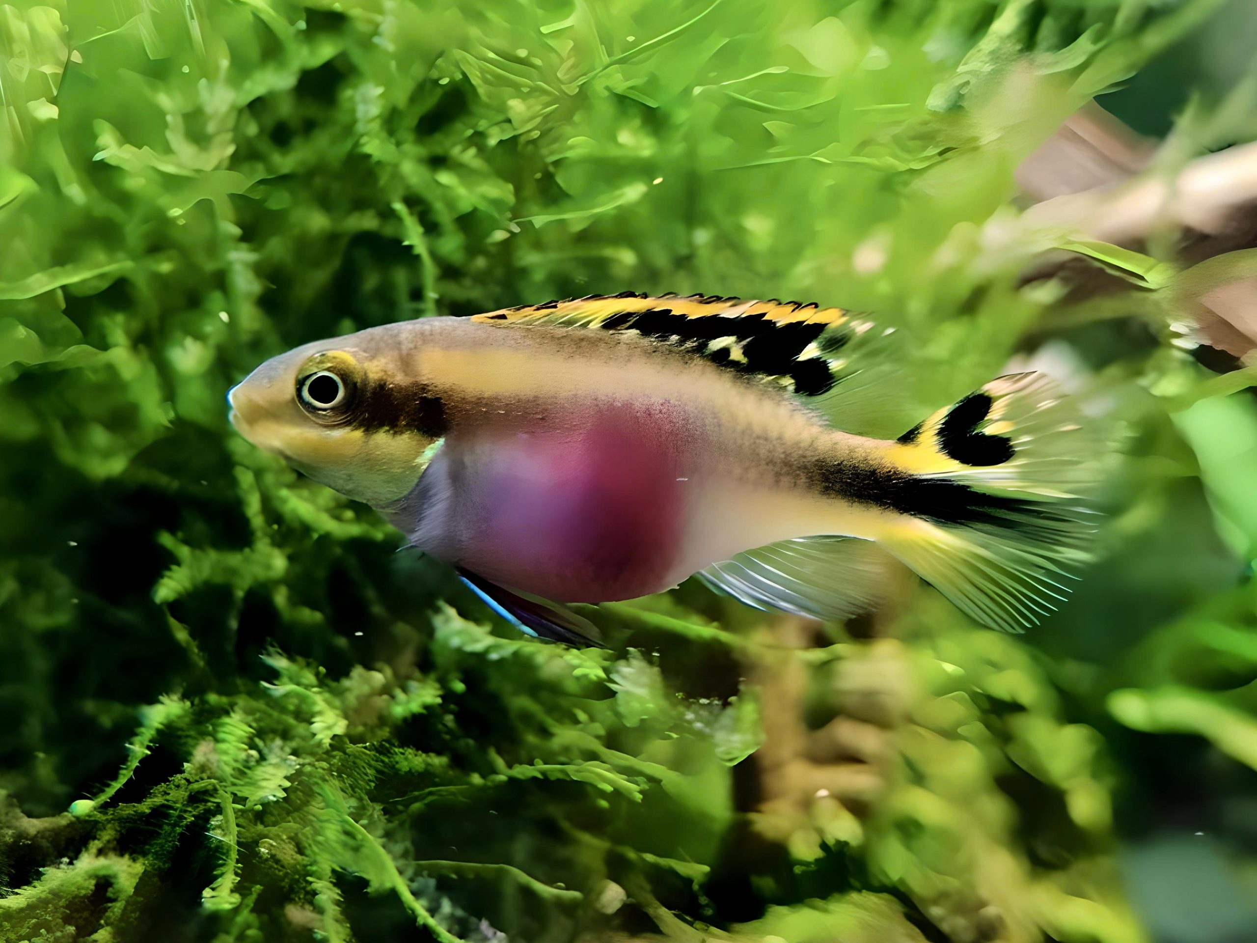 Female Kribensis (Pelvicachromis kribensis) Female Kribensis (Pelvicachromis kribensis) swimming in moss and grass